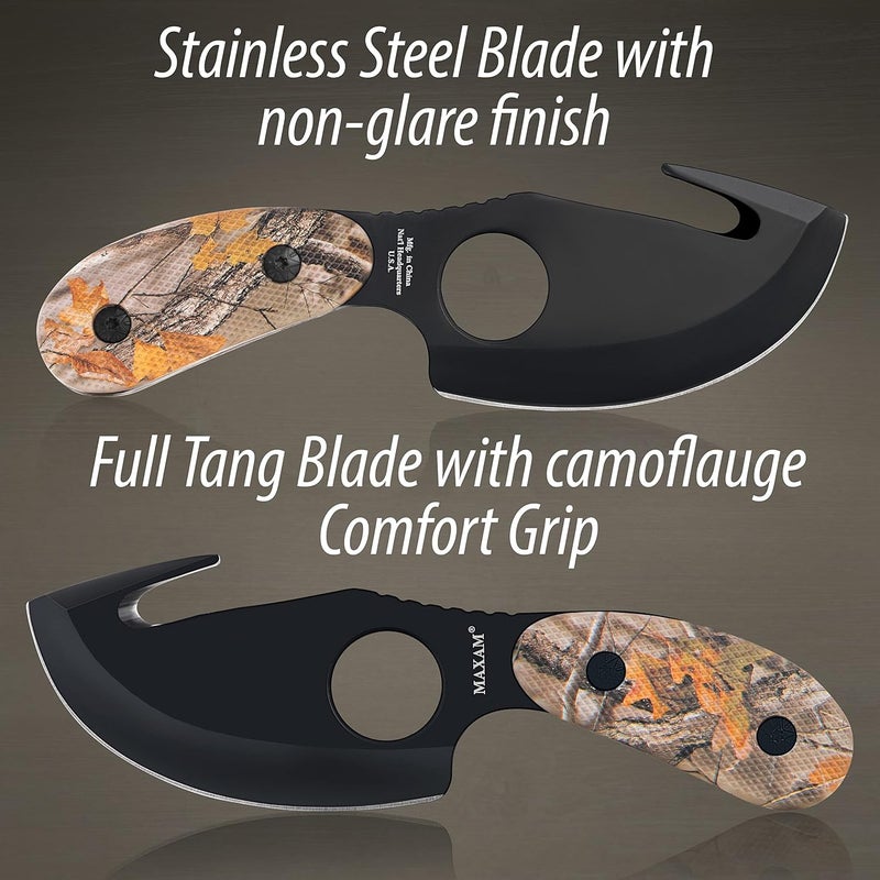 Maxam All in One Fixed Blade Skinning Knife with Gut-Hook, Camo, Full Tang, 7 Inch Knife Includes Nylon Sheath - Image 2